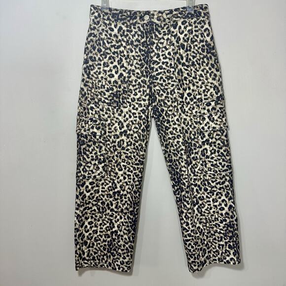 Mint Velvet Leopard Cargo Pants Denim Wide Leg Trouser Sz 12 Short Cropped Jeans - Picture 1 of 11